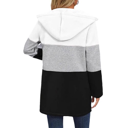 Europe, America, autumn and winter, Amazon cross-border women's clothing casual fashion loose contrasting color three-color splicing hooded coat women's clothing
