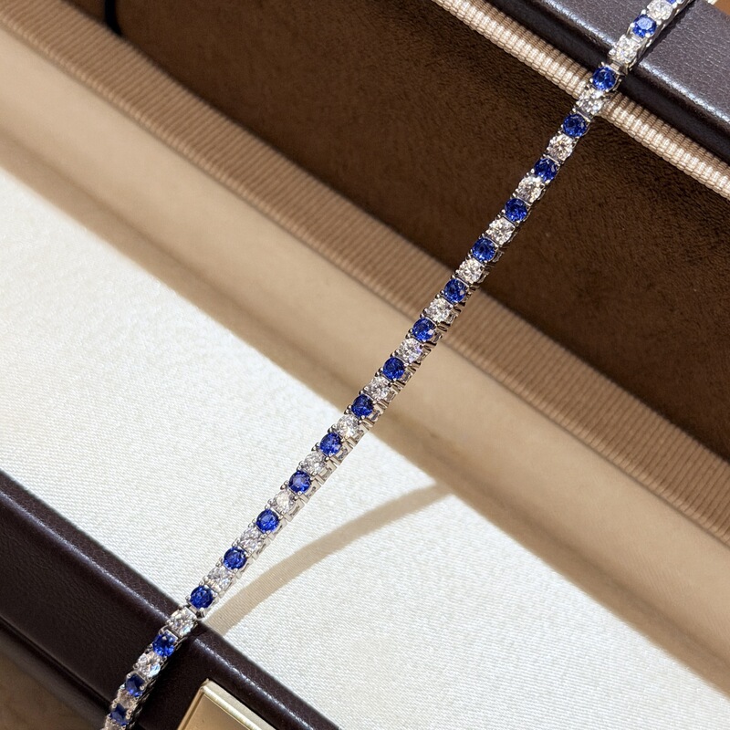 S925 Sterling Silver Royal Blue Diamond Tennis Bracelet with Simulated Diamonds, Light Luxury Full Diamond Bracelet with Sapphire