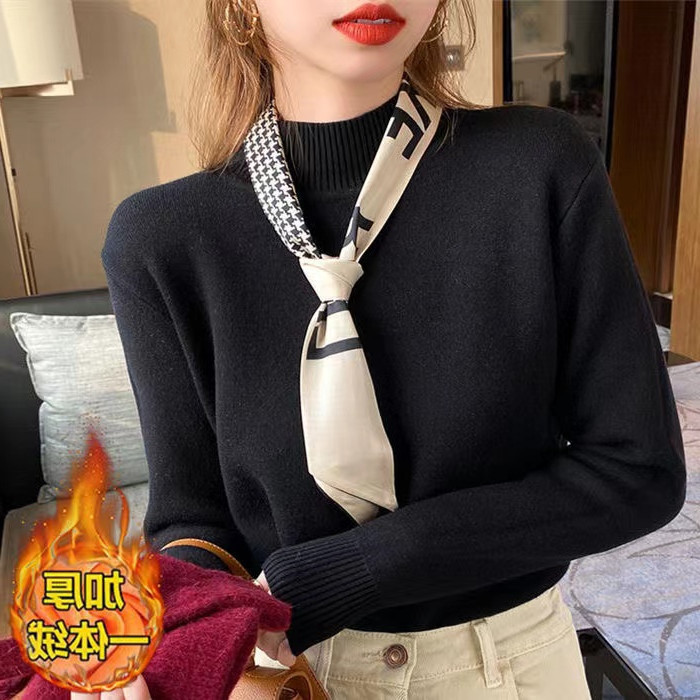 Medio cuello alto suéter forrado de lana camisa de fondo para las mujeres 2022 nuevo Otoño e Invierno de una sola pieza engrosada cálido slim fit interior de punto image 3