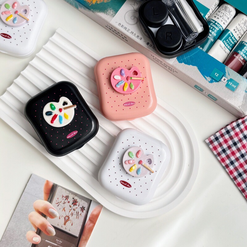 DIY contact lens case with mirror, featuring a polka dot design, a simple and stylish cosmetic lens case, and a companion care box, model AS391-3, color palette DIY contact lens case with mirror, featuring a polka dot design, a simple and stylish cosmetic lens case, and a companion care box, model AS391-3, color palette