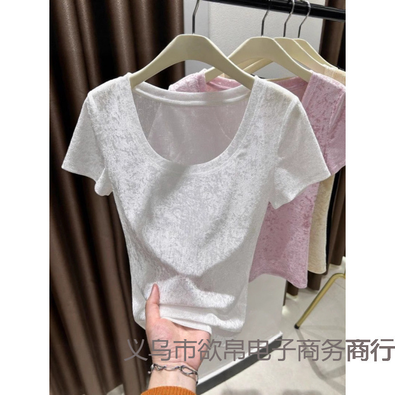 Velvet Mesh Short-Sleeved T-Shirt for Women, Summer Korean Style, Exposed Collarbone, Round Neck, Slimming Look Top, Large U-Neck, Inner Layering Shirt for Women Velvet Mesh Short-Sleeved T-Shirt for Women, Summer Korean Style, Exposed Collarbone, Round Neck, Slimming Look Top, Large U-Neck, Inner Layering Shirt for Women