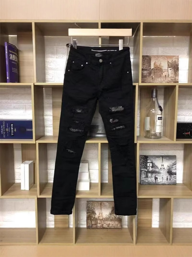 New Casual High Street Ripped Jeans Unisex Rhinestone Slim Straight Pants Spring Autumn Mid-Waist Regular_mkmklike.com