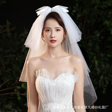 韓式短款蝴蝶結珠珠造型頭飾小頭紗新娘結婚主婚紗跟妝復古白色紗