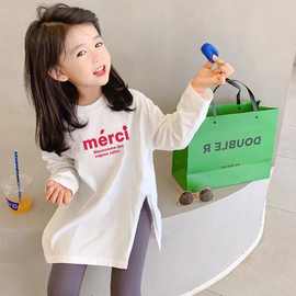 女童中长款开叉T恤2024秋季新款韩系女孩个性不规则长袖卡通上衣