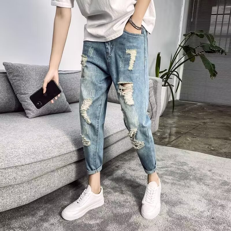 Cropped Ripped Jeans Men's Fashionable Brand Slim-fit Skinny Summer Student Casual Long Pants Men's Korean-style Fashionable All-match