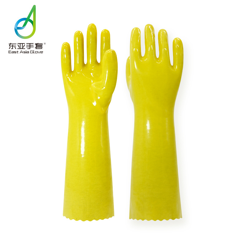 东亚045棉毛浸塑加长耐酸碱耐磨防油工业手套 电渡酸防护劳保手套