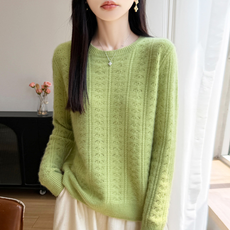 Casual style round neck hollow-out knit sweater for women, pure wool, loose-fitting, slimming pullover top, warm for autumn and winter Casual style round neck hollow-out knit sweater for women, pure wool, loose-fitting, slimming pullover top, warm for autumn and winter