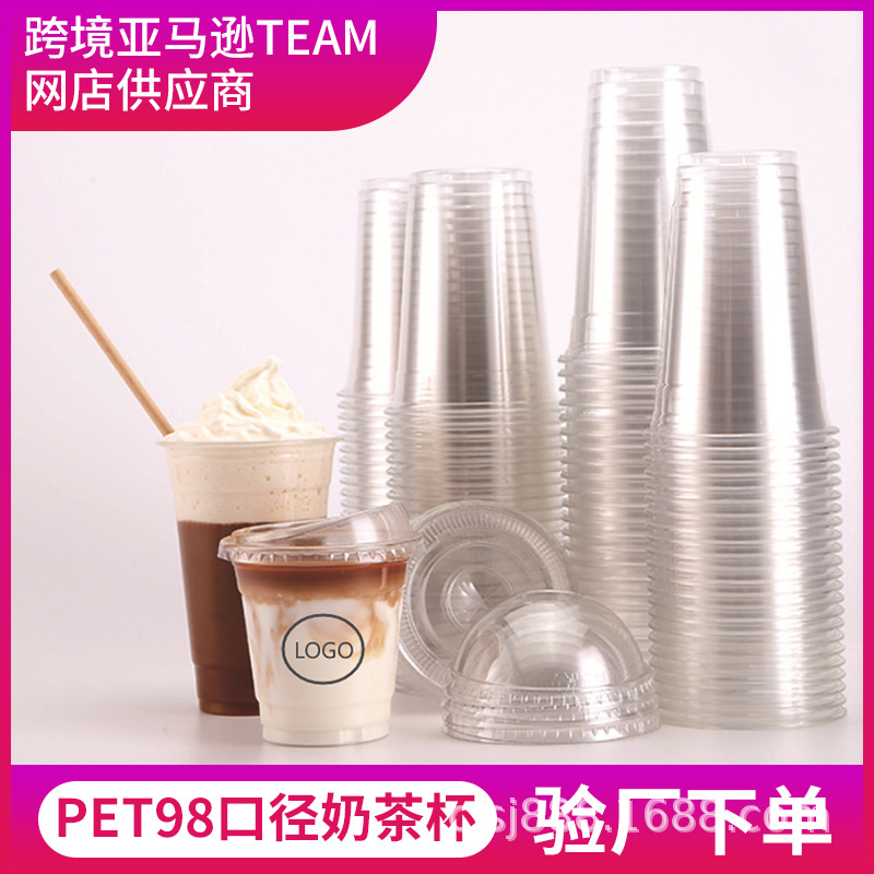 Taza de té con leche desechable calibre PET98 con tapa café transparente té de limón bebida fría impresa LOGO empaquetado taza al por mayor