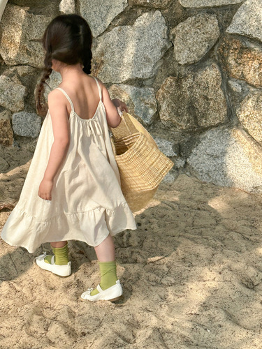 Summer 2024 New Children's Dress for Girls in Korea, Imitation Linen Strappy Dress for Young Children, Princess Dress with Ins Style