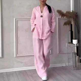 2026跨境外贸亚马逊时尚欧美女装舒适宽松上衣阔腿裤休闲棉麻套装