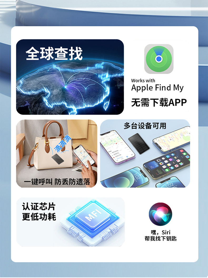 卡片定位器超薄防丢器跨境工厂MFI认证卡包卡套背包防丢器