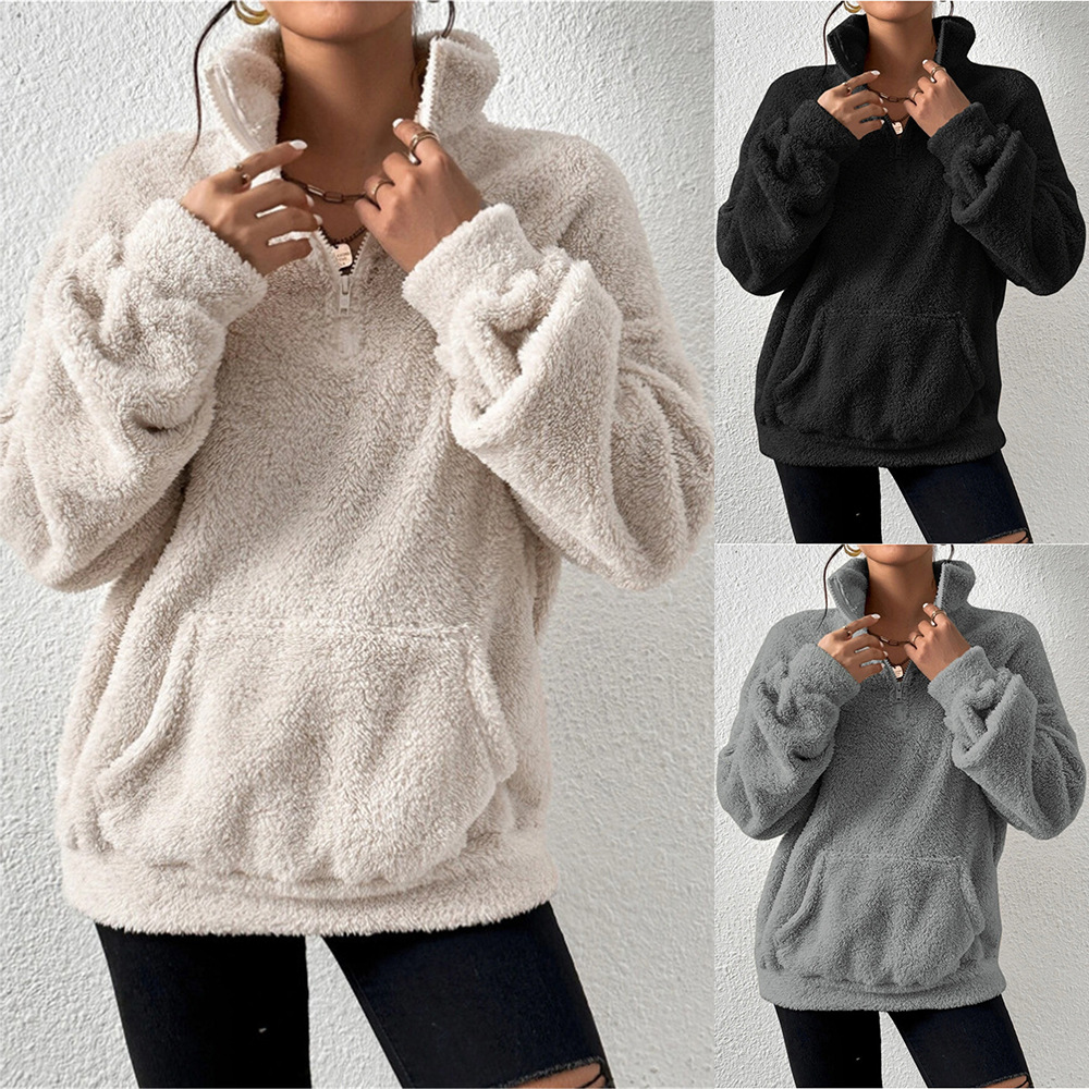 Amazon 2023 autumn and winter European and American cross-border new casual plush fleece-lined women's stand collar sweater women's zipper