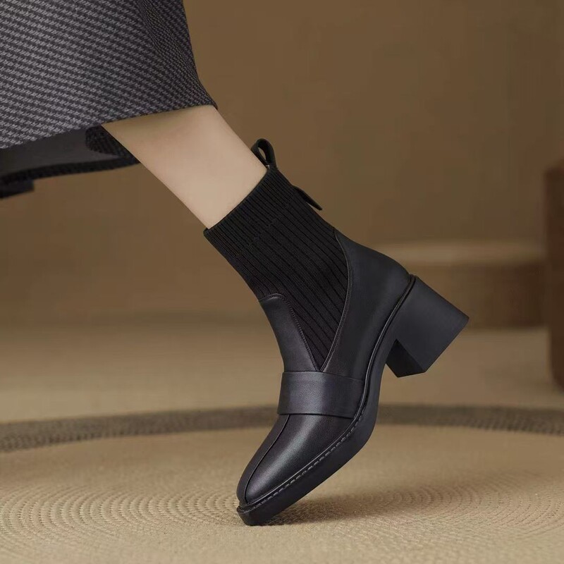 French-Style Brown High-Heeled Ankle Boots with Chunky Heels, Slim Boots, Sock Boots, Women's Martin Boots, Autumn and Winter Chelsea Boots, Melade