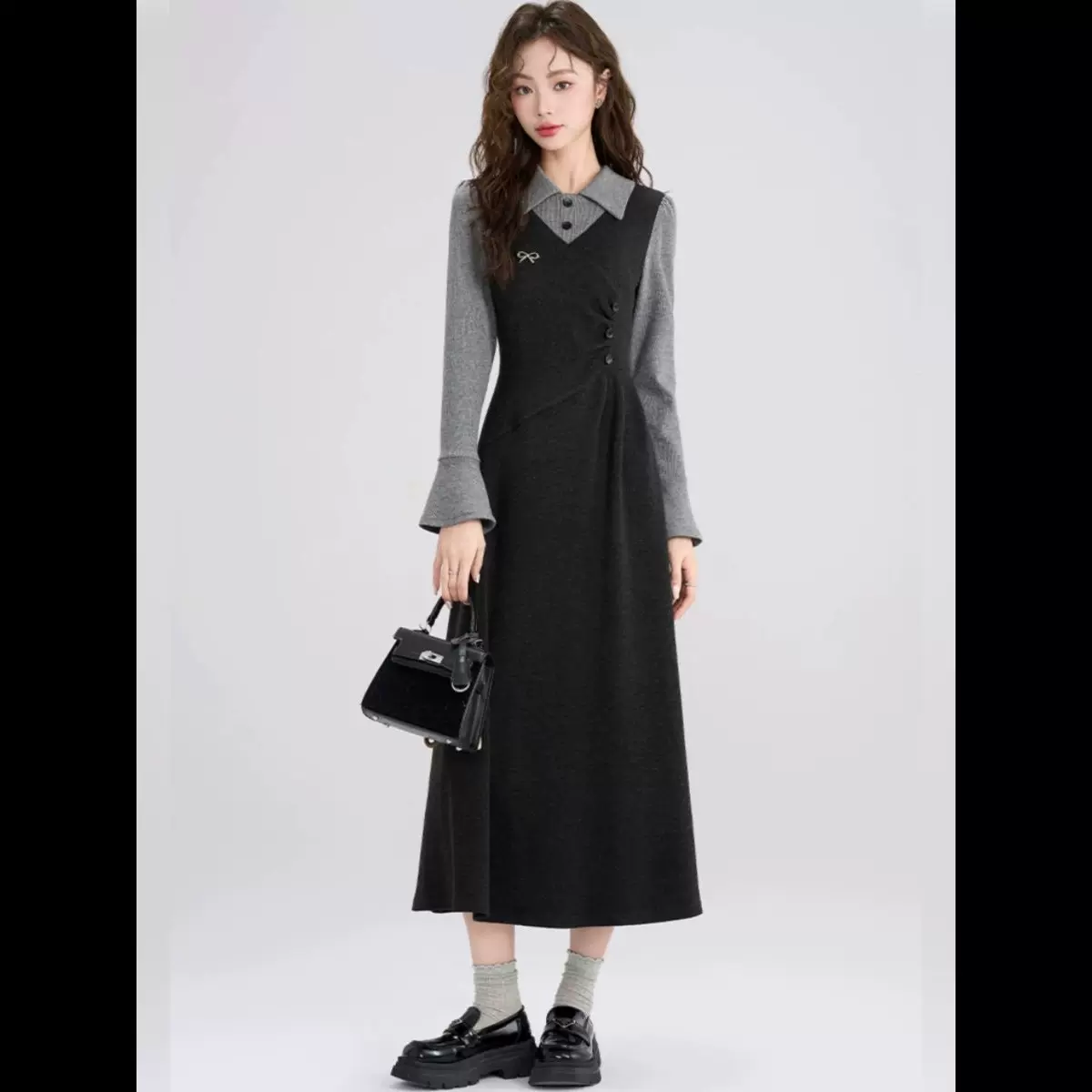 秋冬季新款大码胖mm假两件潮法式复古连衣裙显瘦女黑色长款裙子