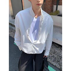 假两件白色v领长袖衬衫男款英伦雅痞立领防晒衬衣高级感上衣外套