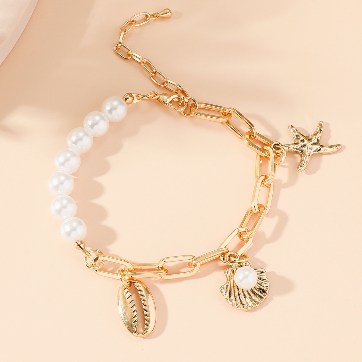 New European And American Fashion Ocean-style Metal Starfish, Shell, Pearl, Fish Tail Paperclip Bracelet Cross-border_voghion.com