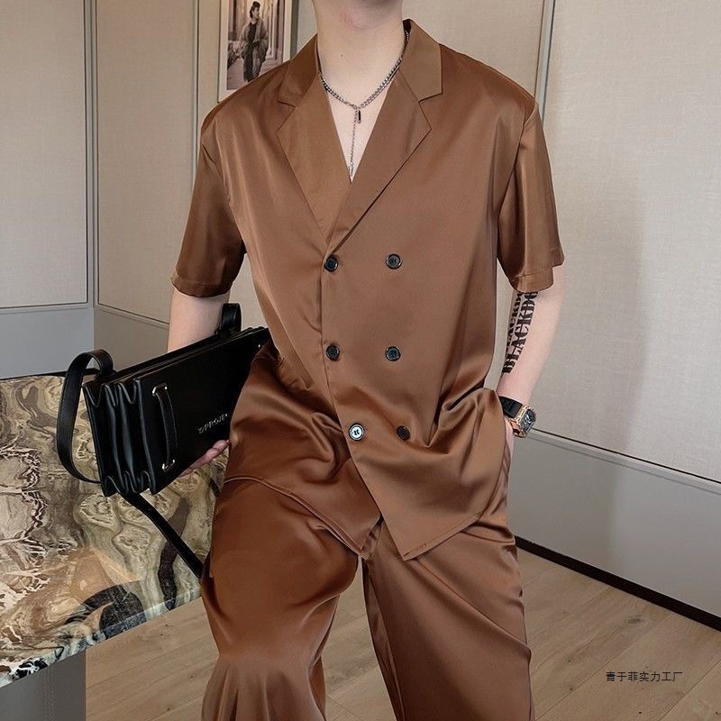 2025 새틴 얇은 캐주얼 정장 칼라 셔츠 정장 남성 패션 외국 스타일 하이 엔드 얼음 실크 셔츠 바지 정장