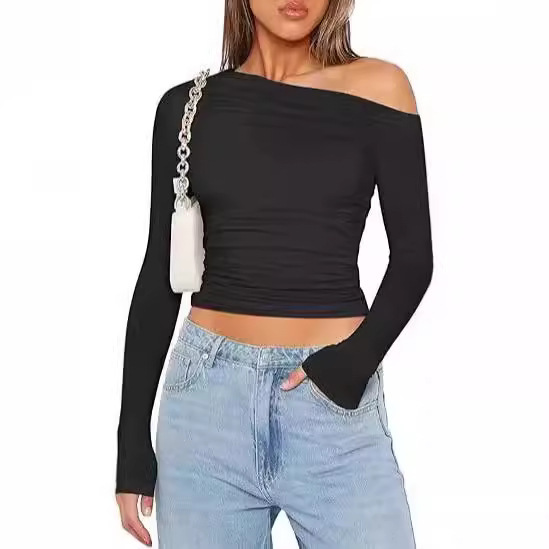 Cross-Border European and American Women's Autumn Pullover Long-Sleeve Off-Shoulder Crop Top T-Shirt Off-Shoulder Base Shirt in a Spicy Style