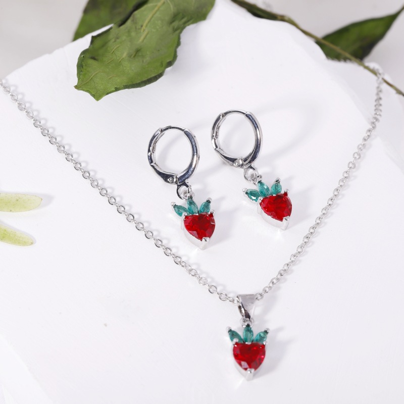 Fruit Earring Necklace Set Colorful CZ Zircon Earrings Grape Cherry Piercing Jewelry Gold detail image 20