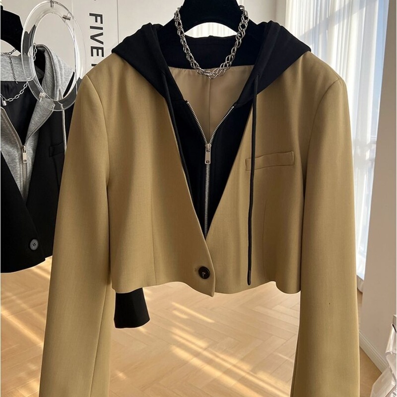 2026 style hooded sweatshirt with patchwork design, casual faux two-piece suit jacket, short coat for women, spring and autumn high-waisted jacket