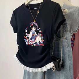 外贸混批女童网红3D印花新款纯棉中大童短袖卡通元素花边
