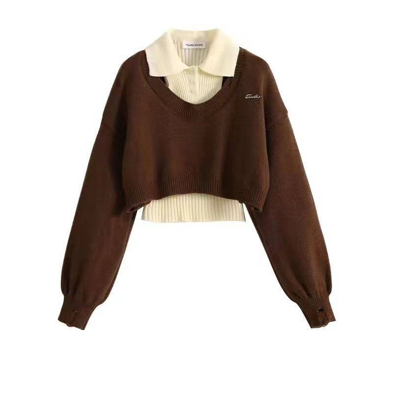 (2개) 아카데미 스타일 쇼트 스웨터 여성의 봄과 가을 2024 새로운 게으른 스타일 한국 드라마웨어 폭발 투피스 세트 니트웨어