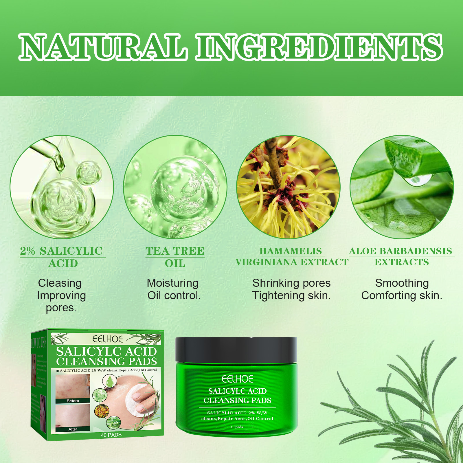 EELHOE Tampone detergente all'acido salicilico per punti neri e rimozione, controllo dell'olio a bocca chiusa, idratante, pulizia delicata,_voghion.com