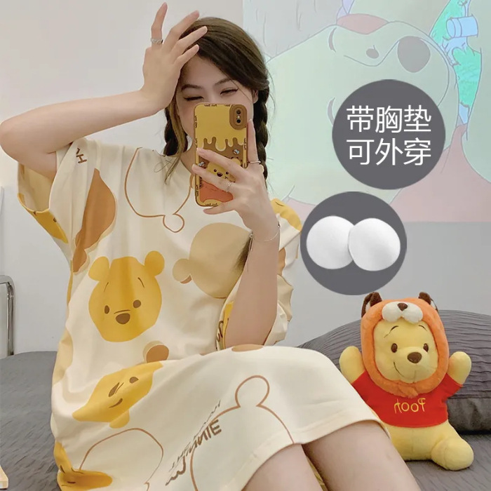 Pijama con cojín de pecho, vestido de algodón, vestido de pijama, dibujos animados dulces y lindos para aumentar la ropa para el hogar al por mayor.