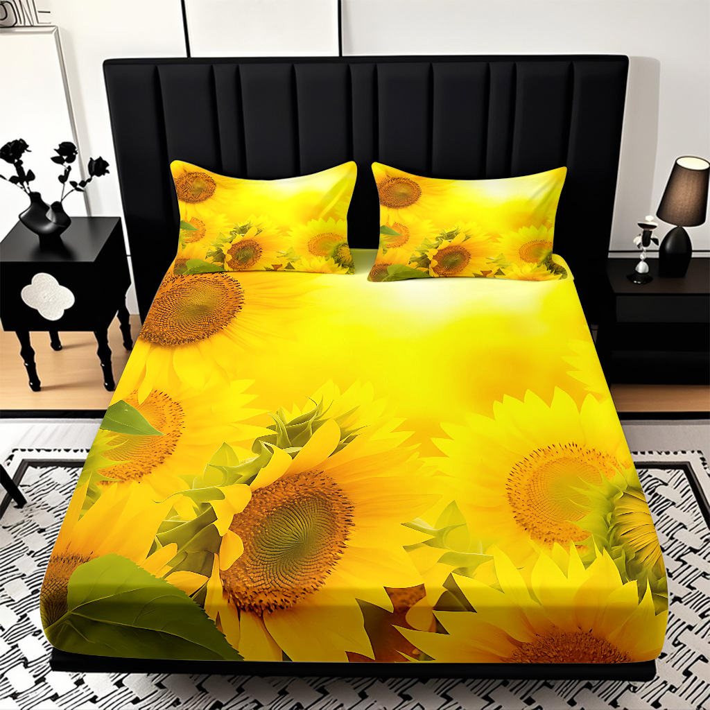 Comercio exterior transfronterizo textil doméstico patrón de girasol impresión digital 3D cama de molienda de tres piezas JIT modelo Temu