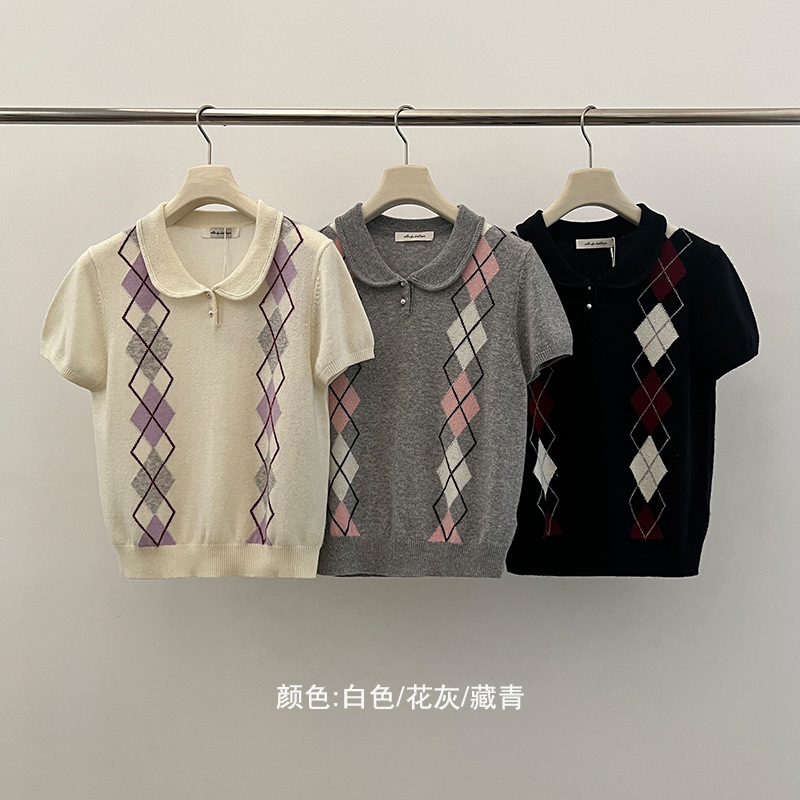 Fu miu系学院风菱格提花polo针织衫女2025秋季新款短袖羊毛衫1066|undefined