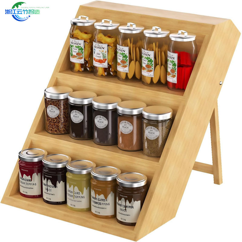 Rack de condimento de bambú y madera, estante de almacenamiento de cocina de tres pisos, estante de exhibición de condimentos personalizados, estante de exhibición transfronterizo