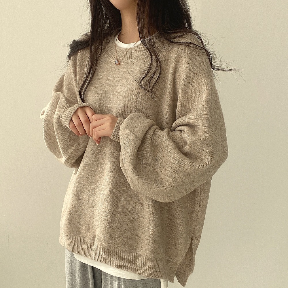 Solid Crew Neck Split Sweater Khaki