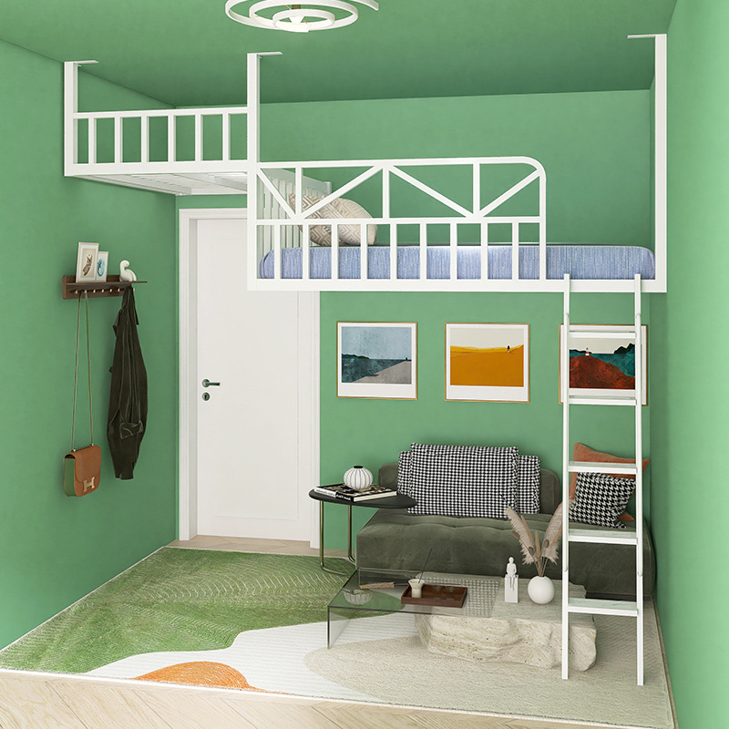 Small Apartment Space-Saving Loft Bed Duplex Second Floor Modern Simple Iron Loft Bed Hanging Hammock Storage Platform