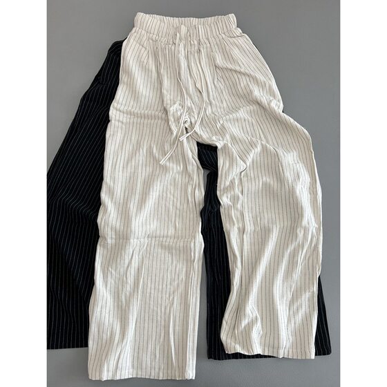 20% Linen Upper Body Lightweight Breathable Striped Wide-Leg Pants Summer New Loose Versatile Lazy Style Long Pants for Women