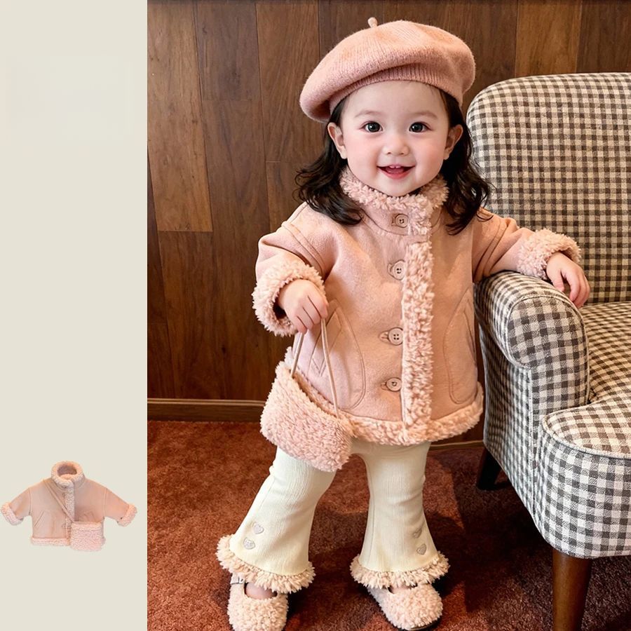 Dulce niña de piel de águila abrigo de invierno 2025 nuevo abrigo de cachemira de cordero de niña pequeña y media