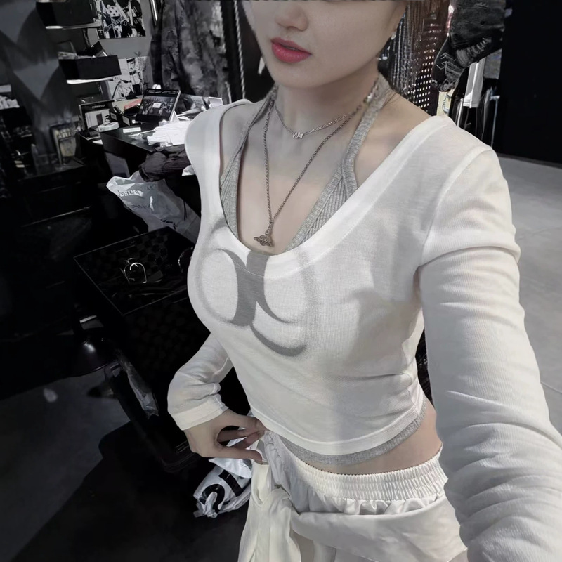 Korean Niche Fashion Brand Ason Large Neckline Slightly Sheer Short Slim-Fit Long-Sleeve T-Shirt Base Shirt Slimming and Flattering for a Hot Girl Look