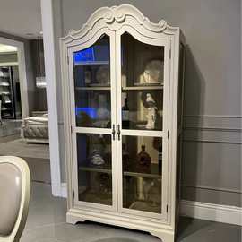 美式实木酒柜客厅拐角玻璃柜美式储物餐边柜拱形柜北美古董柜展柜