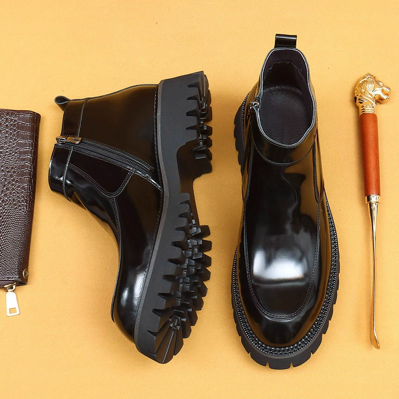 [Vip исключительно] толстая подошва осенние кожаные сапоги с большой головой мужские световые боковые молнии бизнес-обувь Челси