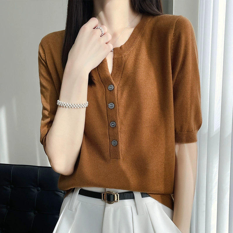 Весенний и летний новый женский вязаный свитер полуоткрытый воротник, шерсть с короткими рукавами, тонкий пуловер, нижняя рубашка повседневная топ оптом