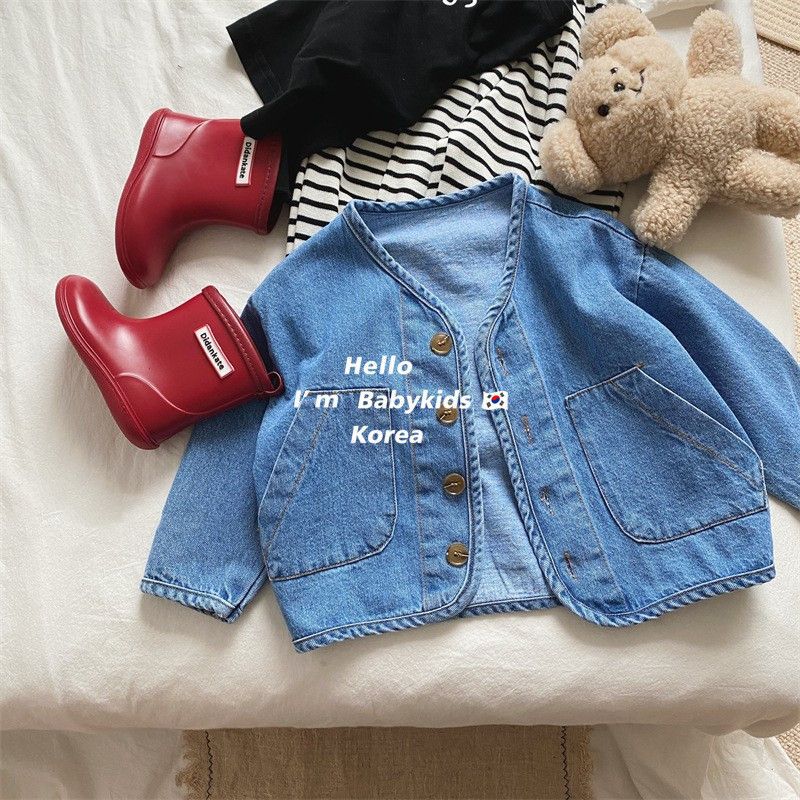New Spring/Autumn Arrivals: Boys' and Girls' Pocket Denim Jackets, Girls' Cardigan with Trimmed Trim, Korean Style, Trendy Colors