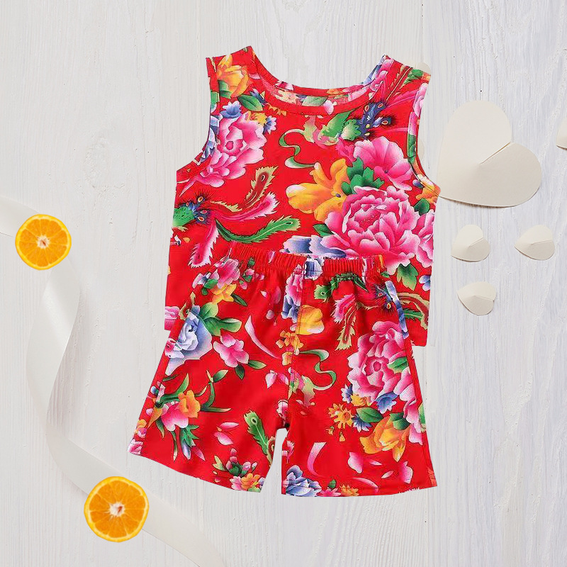 Children's Sling suit Boys and Girls Thin Cotton Silk Vest Shorts Two-piece Set Internet Popular Baby's Northeast Flower suit