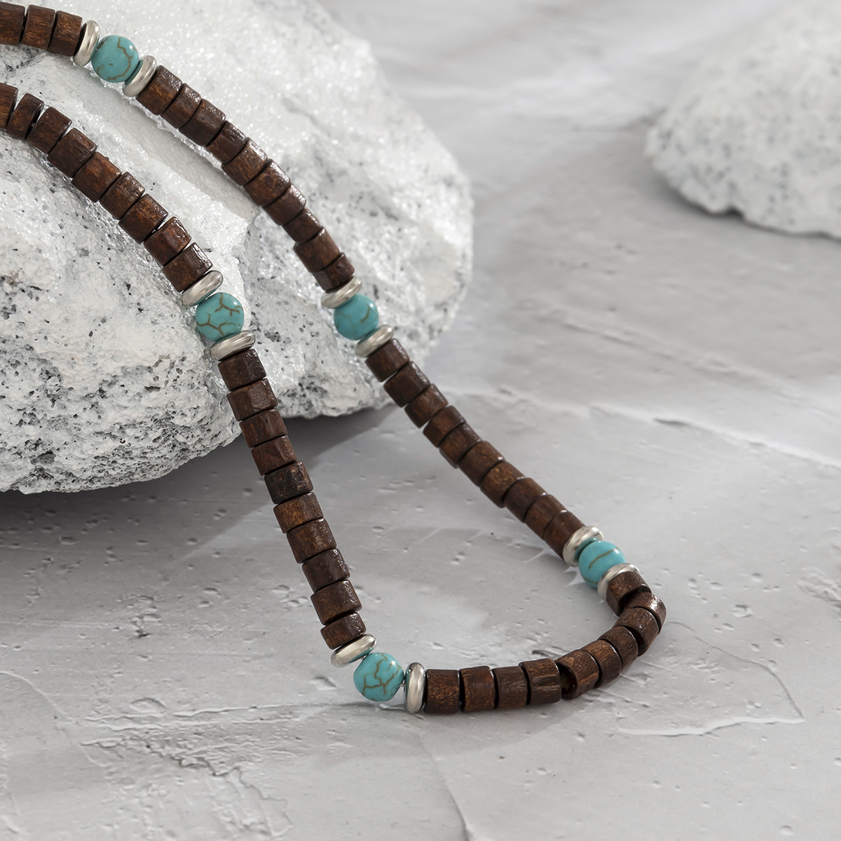 1 Piece Retro Color Block Wood Turquoise Beaded Men's Necklace display picture 4