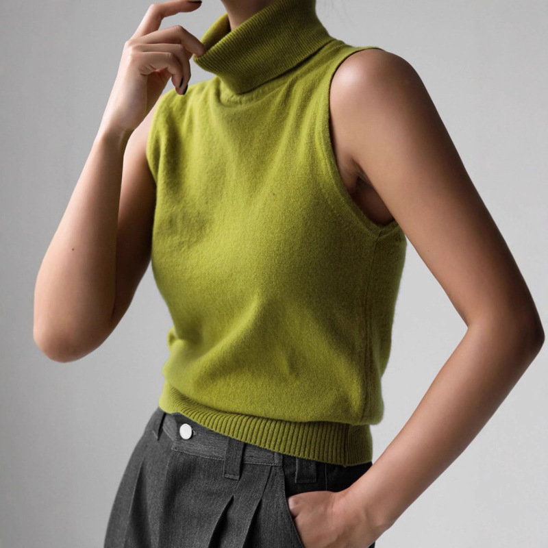 Cross-Border Knitted Sleeveless Vest European and American 2025 Autum New High-Neck Vest Knitwear Simple Vest Top for Women