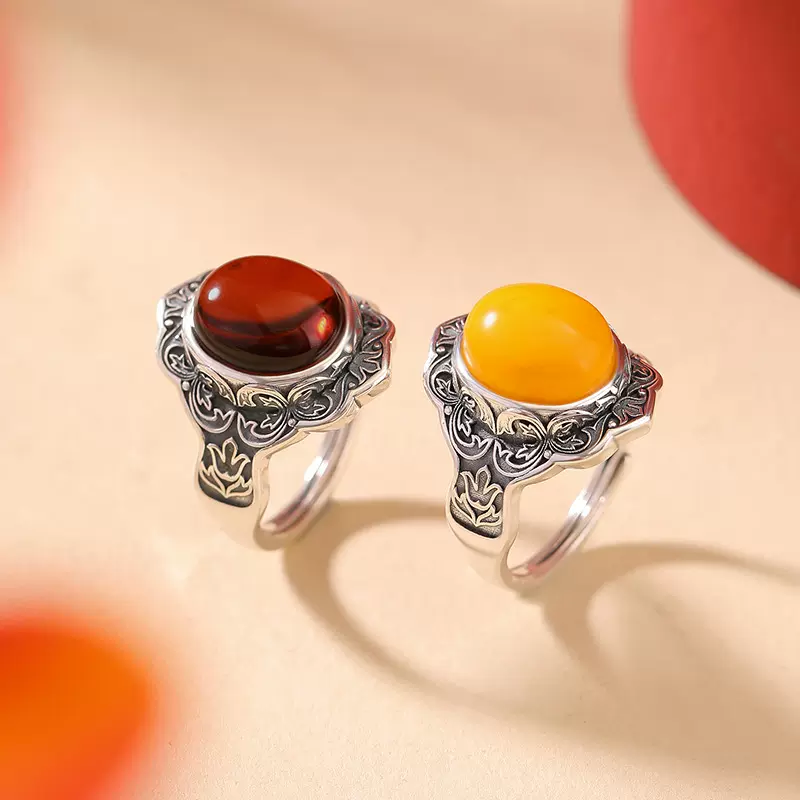 悦宝珠宝S999足银血珀蜜蜡复古做旧郁金香蛋面戒指国风气质银指环