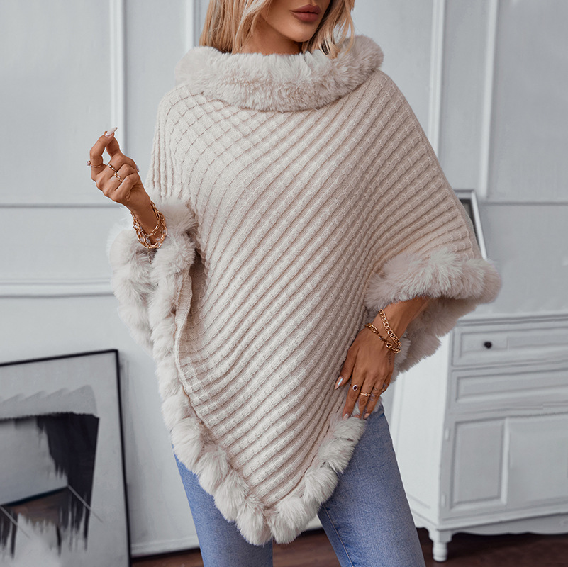 Pulôver de gola de pele de cor sólida, suéter europeu e americano feminino, outono e inverno, capa de malha xadrez vintage grossa_voghion.com