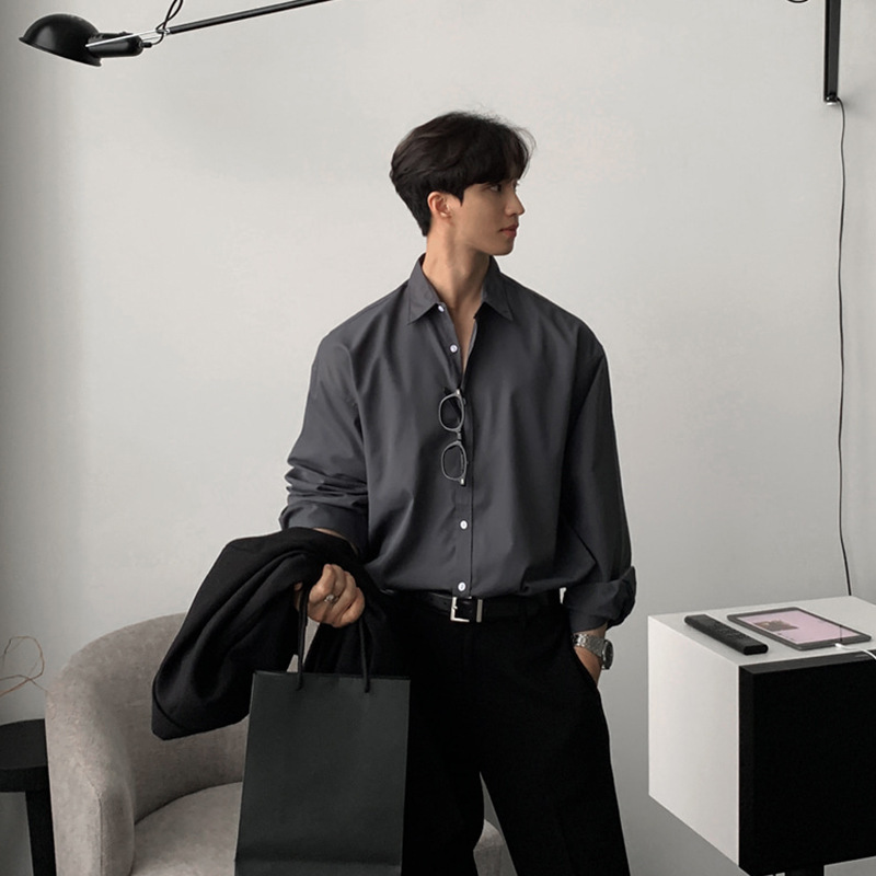 ASCLO New Korean Style Loose Long-sleeved Shirt Men's All-match Niche Trendy Shirt Solid Color Simple Thin Shirt ASCLO New Korean Style Loose Long-sleeved Shirt Men's All-match Niche Trendy Shirt Solid Color Simple Thin Shirt