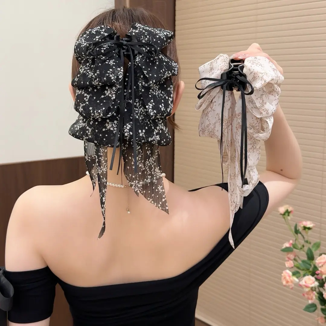 Fresh Floral Bow Ribbon Ponytail Clip, High-End Half-Tied Hair Clip, Retro New Style Grab Clip on the Back of the Head, Elegant