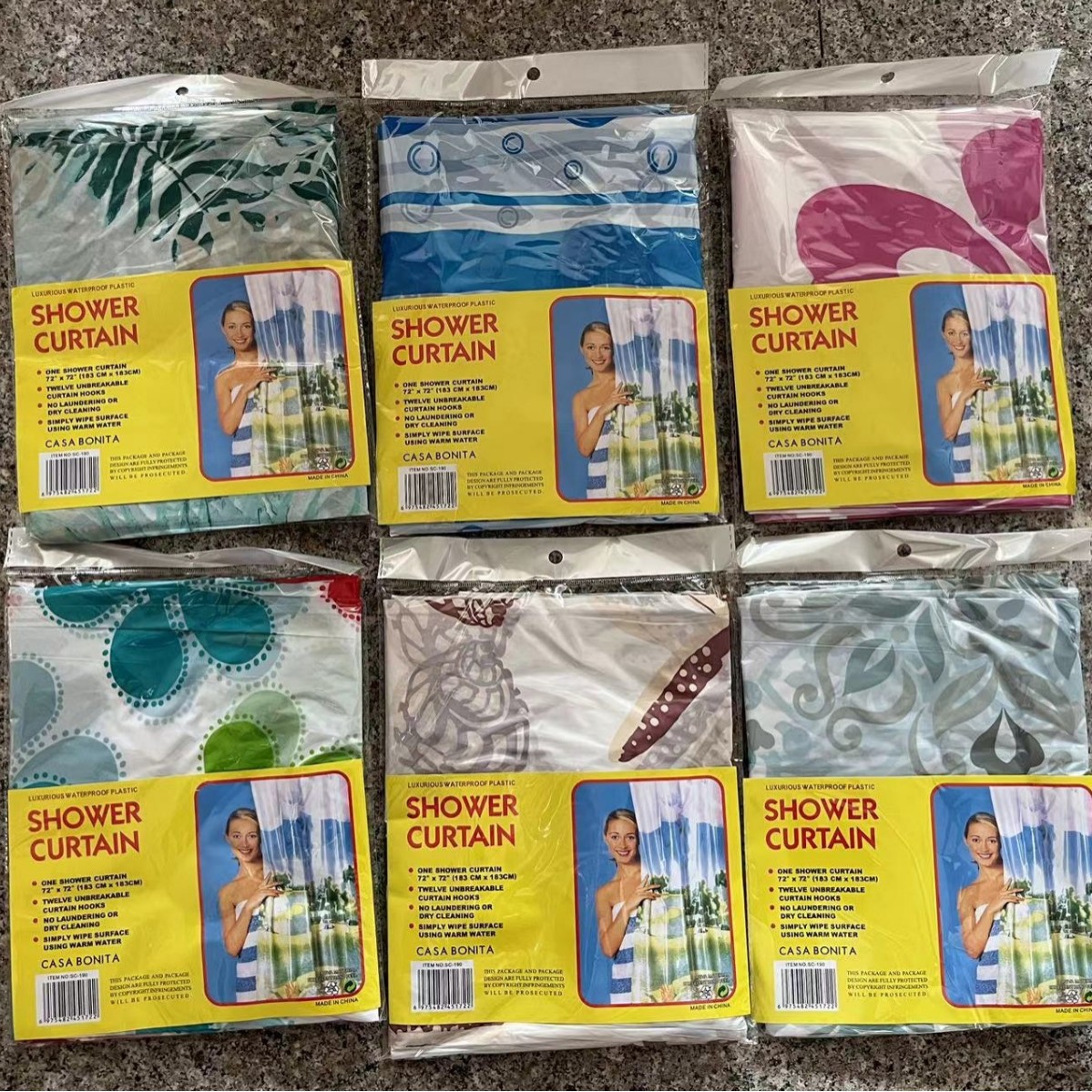 P todos los días al por mayor cortina de ducha impresa de peva, cortina conveniente desechable, cortina de partición impermeable, 12 anillos de cortina de ducha gratis