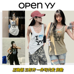 スポット韓国open yyベスト女性愛文字プリント大U襟夏綿袖なしtシャツゆるい男
