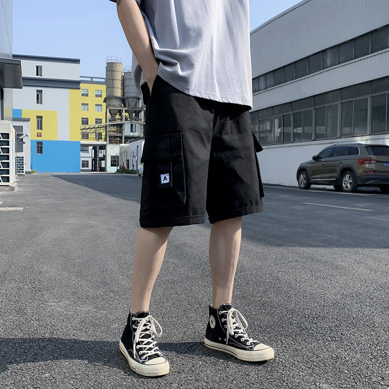 Japanese style student workwear shorts men's summer fashion brand multi-pocket straight pants wide leg cropped casual pants
